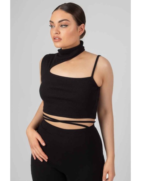 High Neck Cut Out Strappy Bralet Black