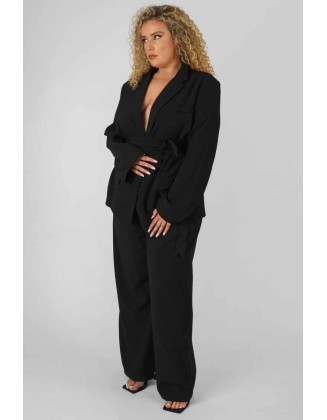 Curve Premium Tie Waist Wide Leg Trousers Black