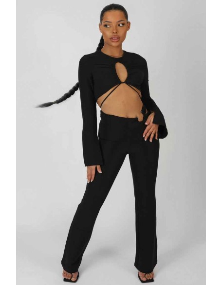 Loop Ruching Long Sleeve Top With Splits Black