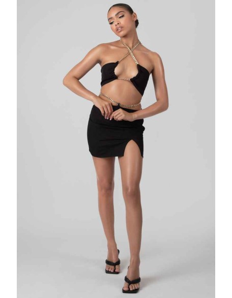 Loop Ruching Chain Strap Bra Top Black