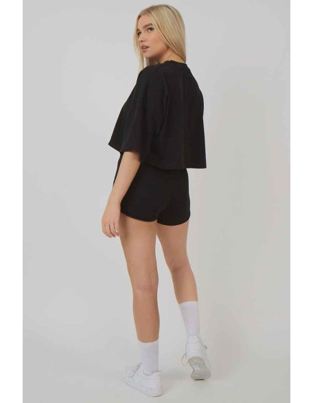 Embroidered Slogan Cropped T-Shirt Black