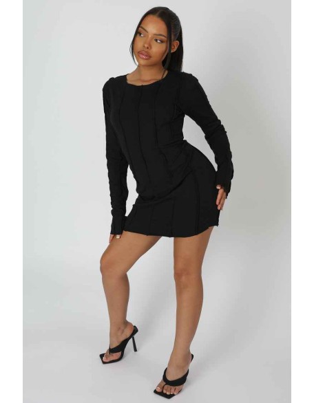 Seam Detail Long Sleeve Mini Dress Black
