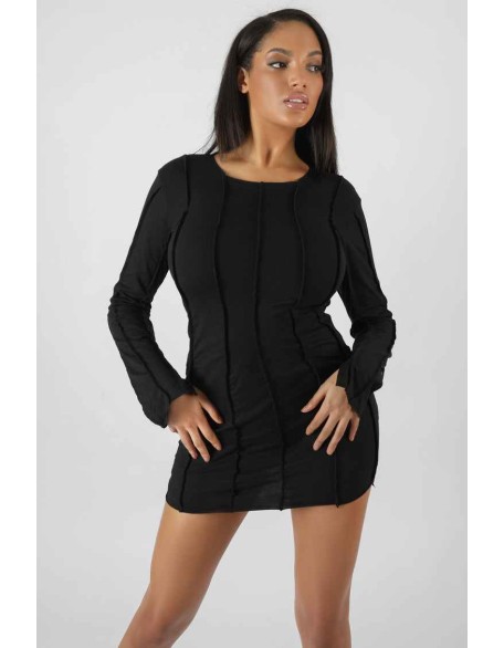 Seam Detail Long Sleeve Mini Dress Black