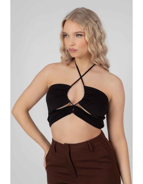 Slinky Loop Ruching Crop Top Black