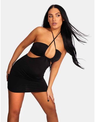 Slinky Loop Ruching Sleeveless Mini Dress Black