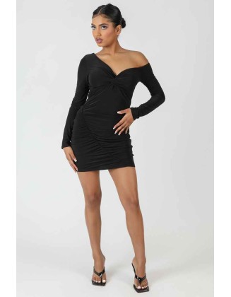 Twist Wrap Gather Long Sleeve Mini Dress Black
