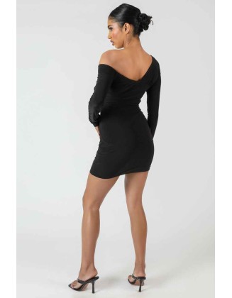 Twist Wrap Gather Long Sleeve Mini Dress Black