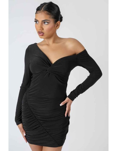 Twist Wrap Gather Long Sleeve Mini Dress Black