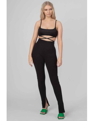 Split Hem Ribbed Leggings Black