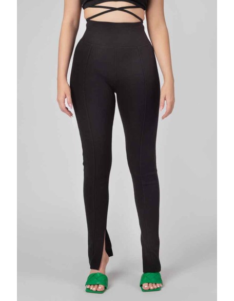 Split Hem Ribbed Leggings Black