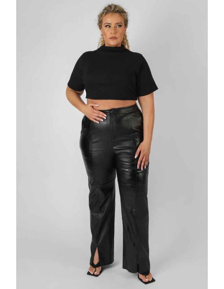 Curve High Neck Ribbed Cropped T Shirt Black