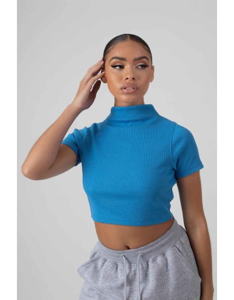 High Neck Ribbed Cropped T Shirt Blue