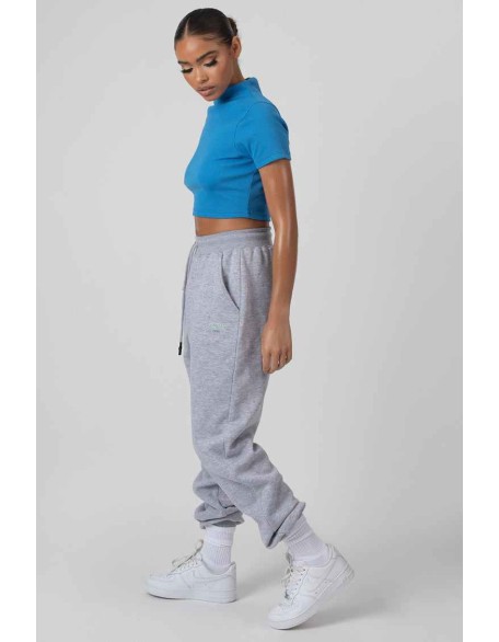 High Neck Ribbed Cropped T Shirt Blue