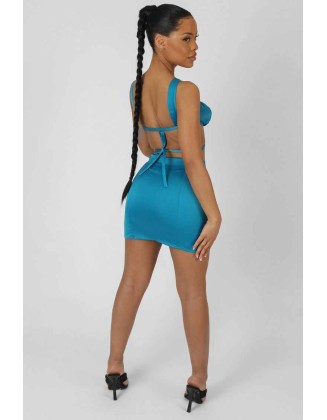 Split Front Satin Skirt Blue