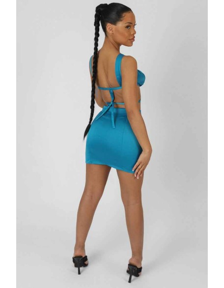 Split Front Satin Skirt Blue