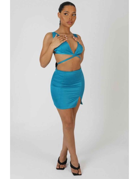 Split Front Satin Skirt Blue