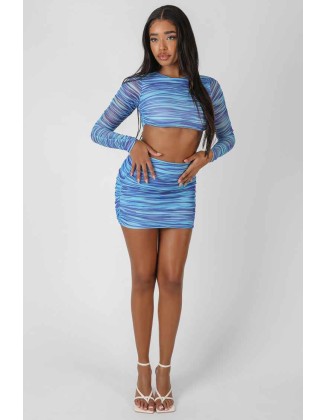 Space Dye Print Underbust Mesh Crop Top Blue