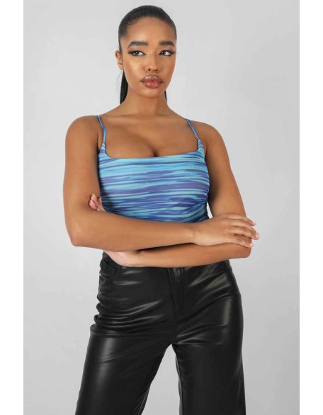 Space Dye Print Mesh Square Neck Bodysuit Blue