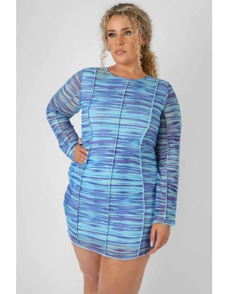 Curve Space Dye Print Mesh Dress Blue