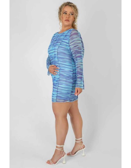 Curve Space Dye Print Mesh Dress Blue