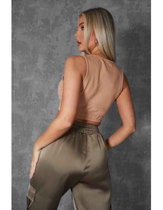 Elasticated Waist Sweat Scoop Neck Crop Top Camel