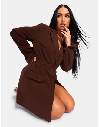 Wrap Belt Blazer Dress Chocolate