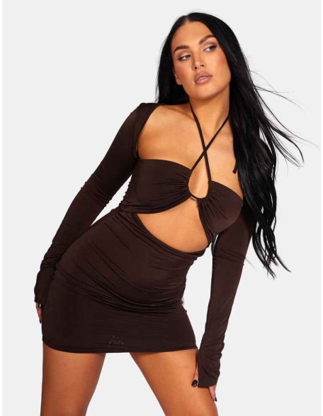 Slinky Ruch Bust Cut Out Long Sleeved Dress Chocolate