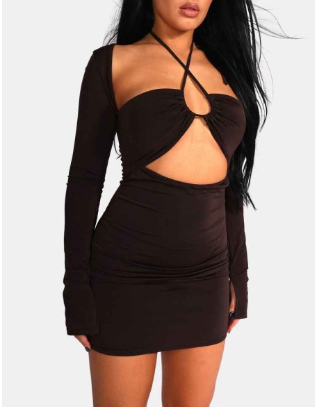 Slinky Ruch Bust Cut Out Long Sleeved Dress Chocolate
