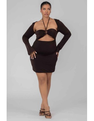 Curve Slinky Ruch Bust Cut Out Long Sleeved Dress Chocolate