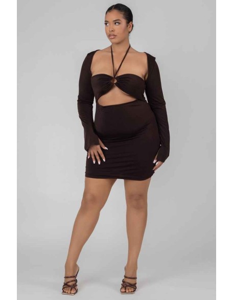 Curve Slinky Ruch Bust Cut Out Long Sleeved Dress Chocolate