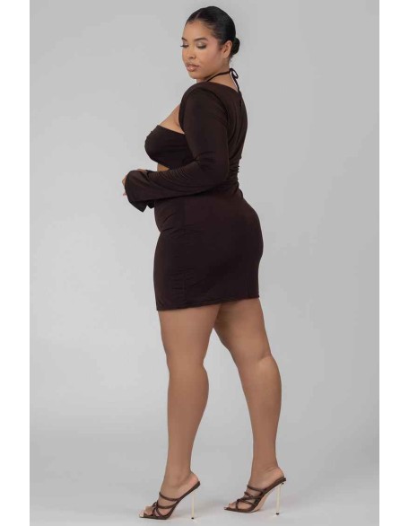 Curve Slinky Ruch Bust Cut Out Long Sleeved Dress Chocolate