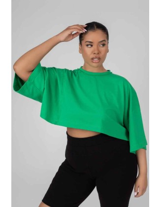 Curve Exposed Seam Oversized Cropped T Shirt Green