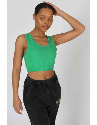 Elasticated Waist Sweat Scoop Neck Crop Top Green