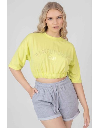 Elasticated Hem Tonal Embroidered T-Shirt Lime