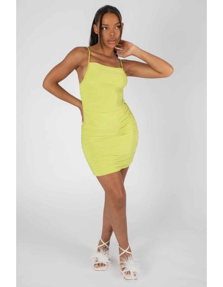 Square Neck Ruched Mini Dress Lime