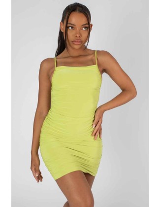 Square Neck Ruched Mini Dress Lime