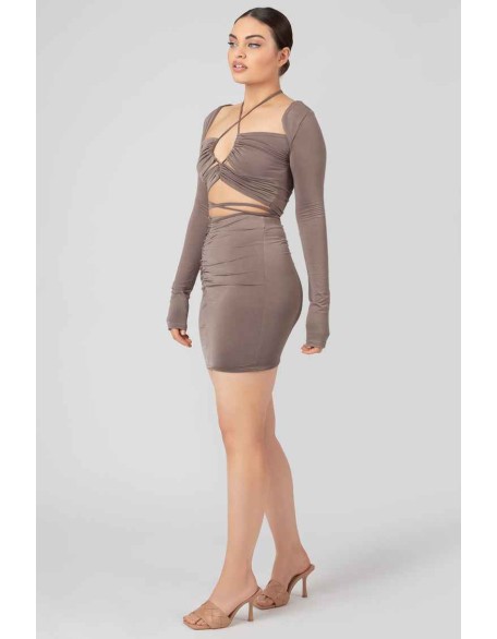 Waist Strapping Gathered Mini Skirt Mink Grey