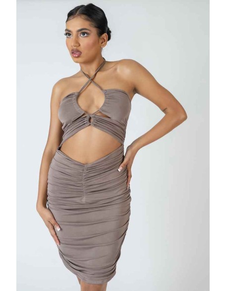 Slinky Loop Ruching Tie Midi Dress Mink Grey