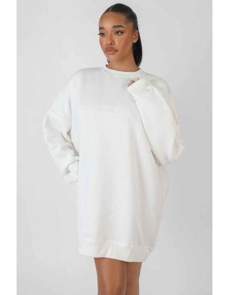 Oversized Embroidered Tonal Sweatshirt Dress Ecru