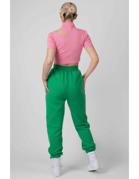 High Neck Ribbed Cut Out Cropped T Shirt Pink