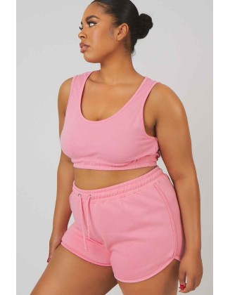 Curve Elasticated Waist Sweat Scoop Neck Crop Top Pink