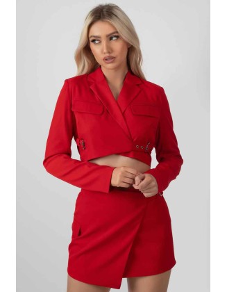 Buckle Detail Cropped Blazer Red