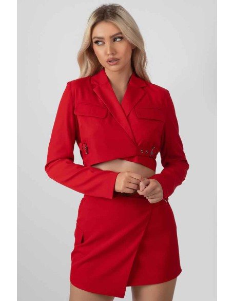 Buckle Detail Cropped Blazer Red
