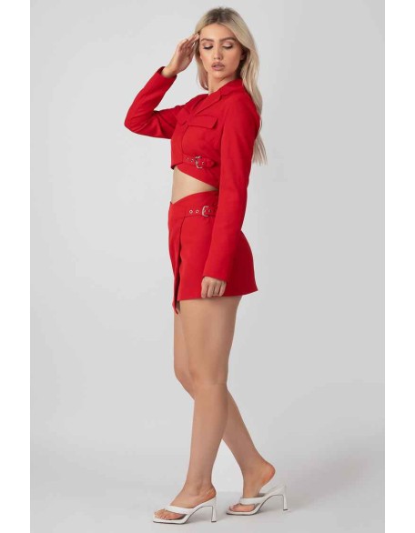 Buckle Detail Cropped Blazer Red