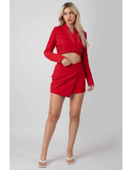 Buckle Detail Cropped Blazer Red