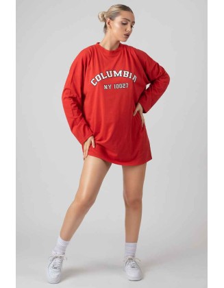 Columbia Slogan Long Sleeved T-Shirt Dress Red