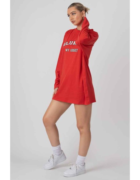 Columbia Slogan Long Sleeved T-Shirt Dress Red