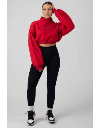 Oversized High Neck Embroidered Slogan Cropped Sweatshirt Red
