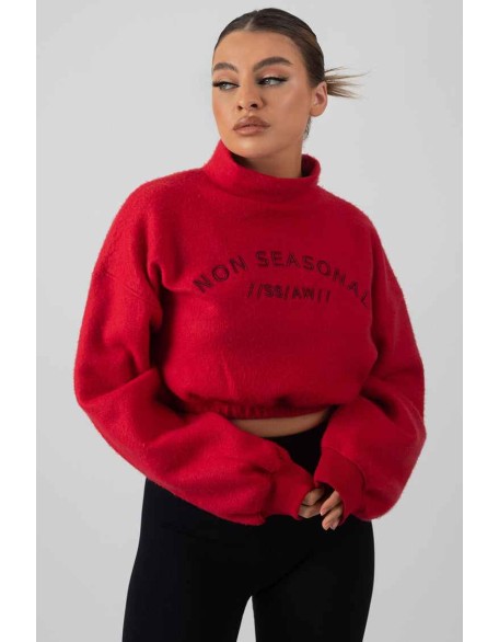 Oversized High Neck Embroidered Slogan Cropped Sweatshirt Red