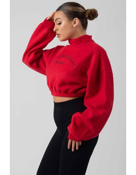 Oversized High Neck Embroidered Slogan Cropped Sweatshirt Red